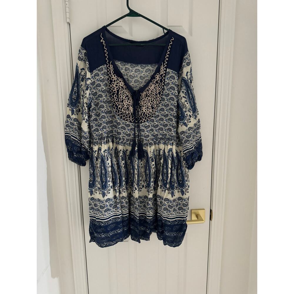 EN CREME Blue White Paisley Embroidered Boho Tunic Mini Dress Tassel Women's 1X - Picture 2 of 12